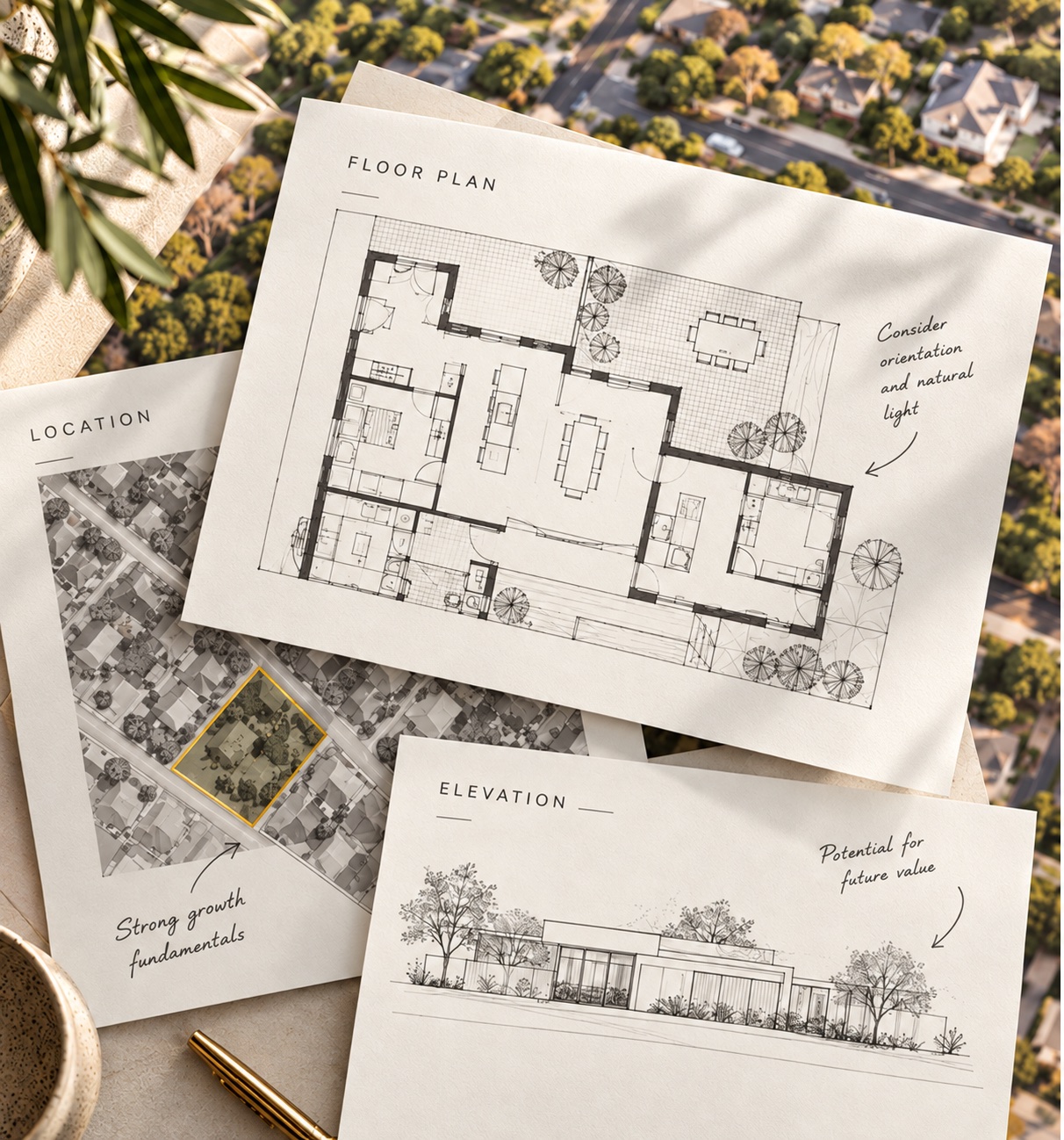 Floor plan, location and elevation drawings laid over an aerial suburb view
