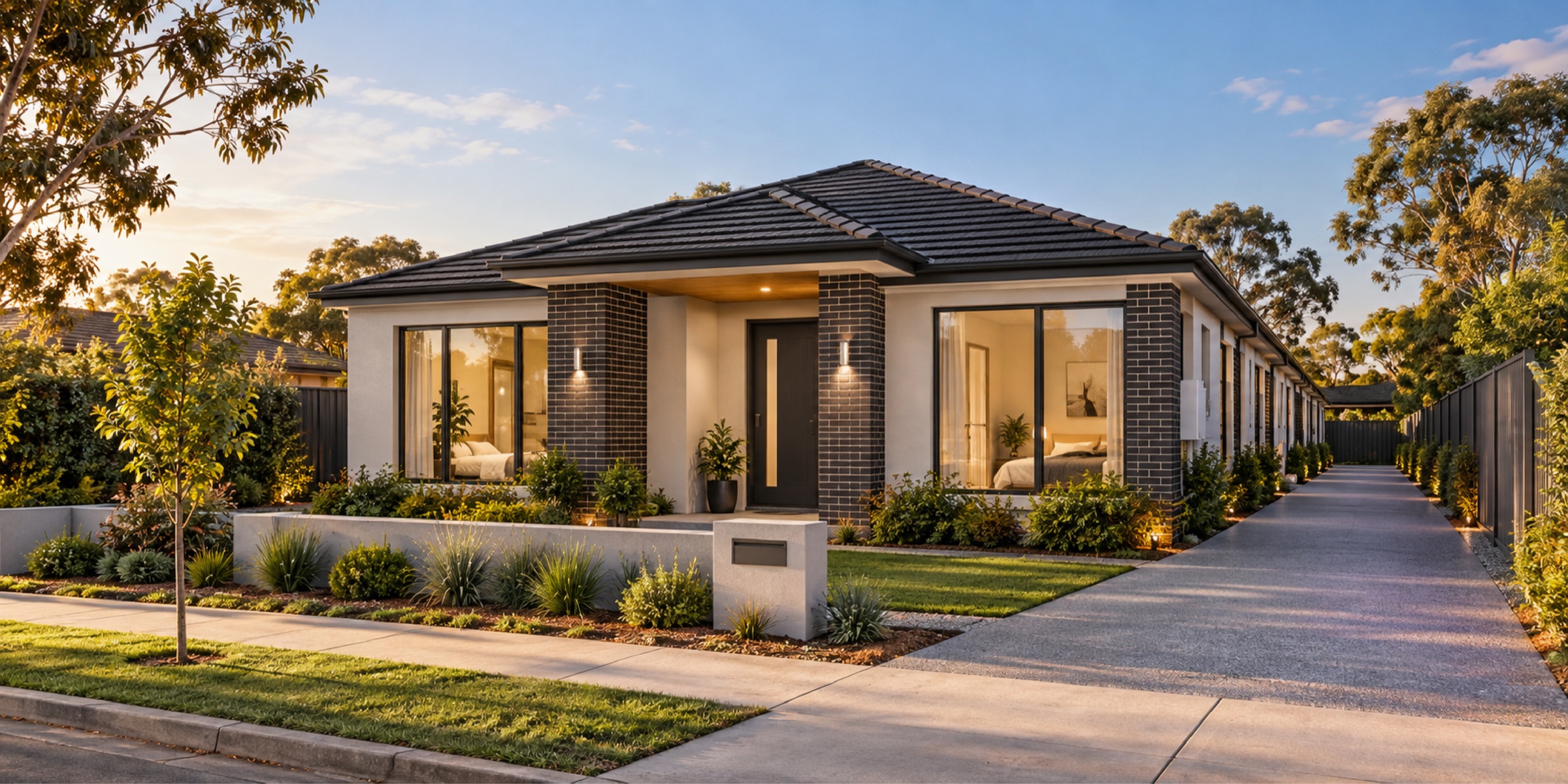 Purpose-designed single-storey rooming house at dusk